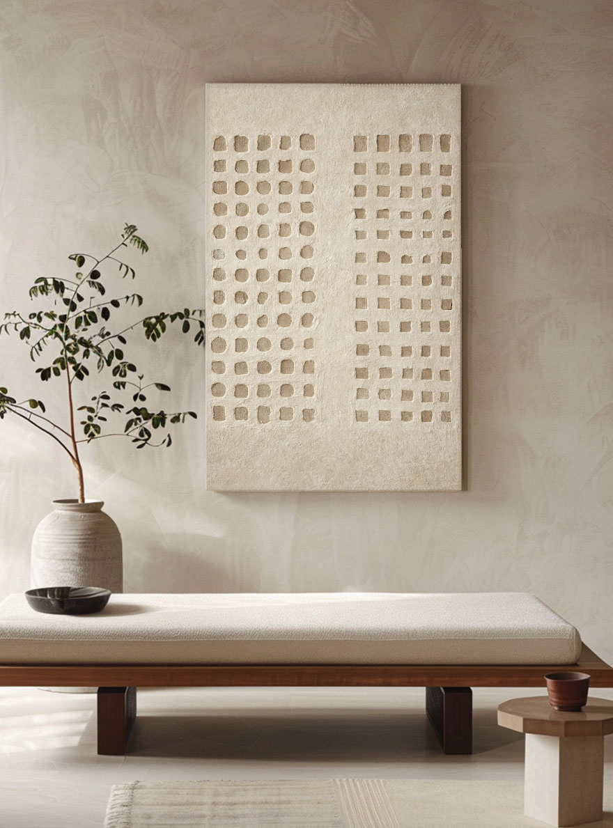 Minimalist Neutral Asymmetrical Geometric Relief Wabi Sabi Plaster Wall Art, Beige Base with Soft Muted Light Medium Grey Imperfect Circles Squares Blocks, Modern Subtle Textured Abstract Decor for Calm Spaces