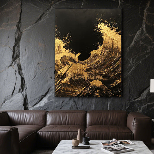 Ocean Wall Art | The Wave Painting | Large Textured Wall Art | Black And Gold Wall Art  #POS056