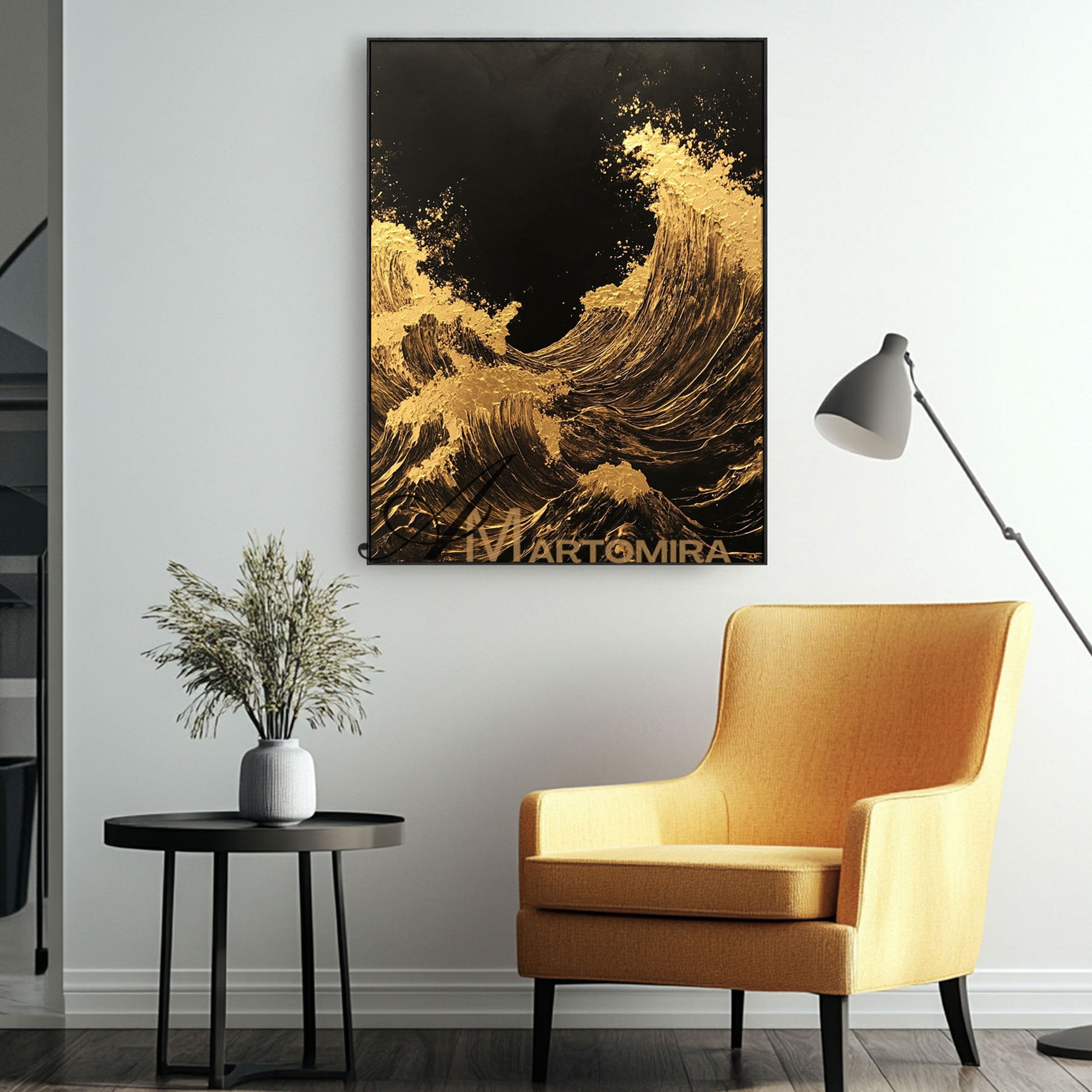 Ocean Wall Art | The Wave Painting | Large Textured Wall Art | Black And Gold Wall Art  #POS056