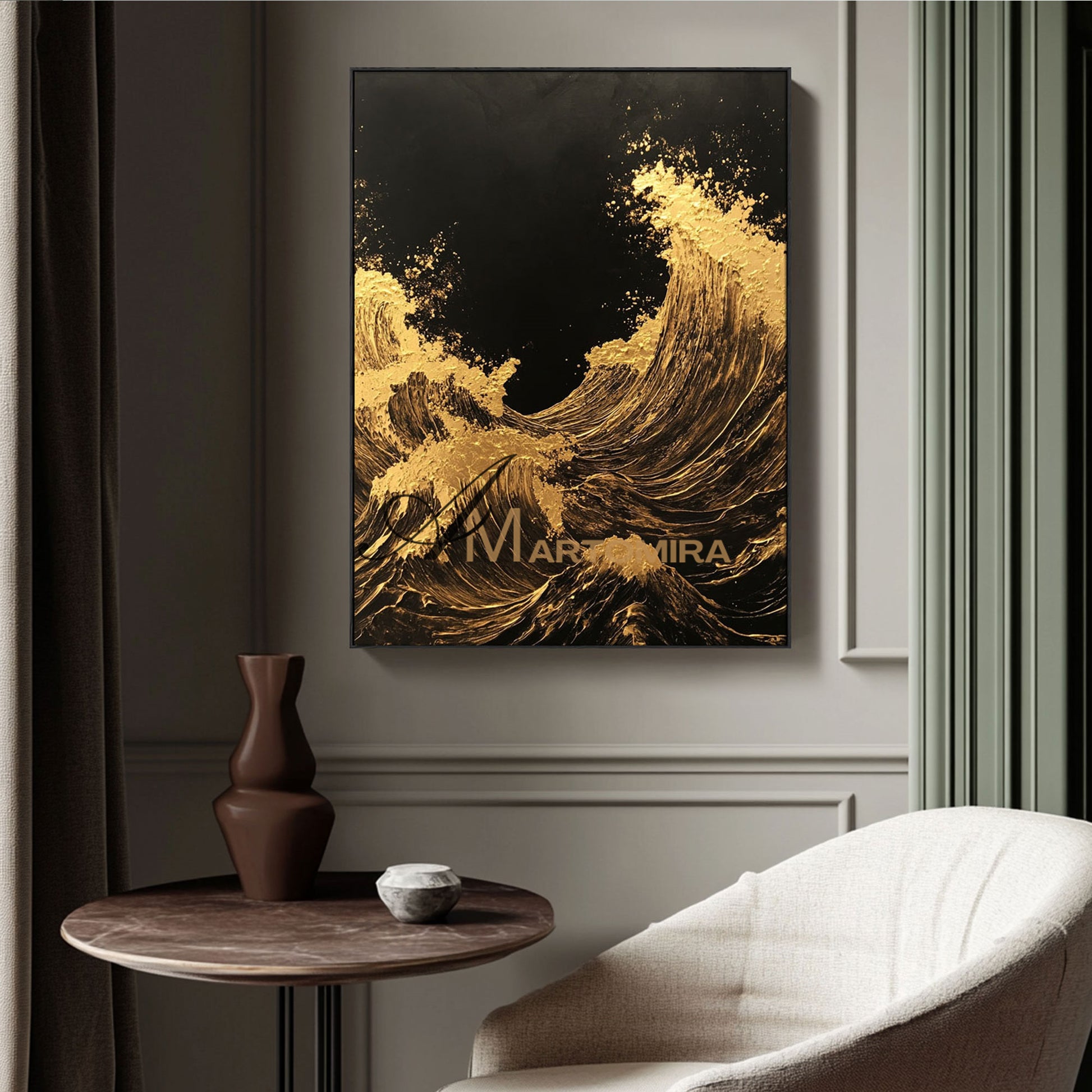 Ocean Wall Art | The Wave Painting | Large Textured Wall Art | Black And Gold Wall Art  #POS056