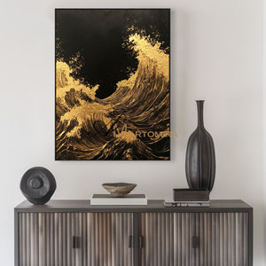 Ocean Wall Art | The Wave Painting | Large Textured Wall Art | Black And Gold Wall Art  #POS056