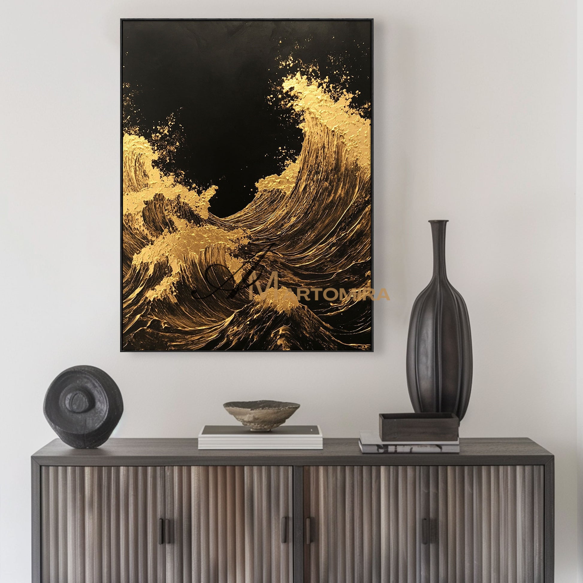 Ocean Wall Art | The Wave Painting | Large Textured Wall Art | Black And Gold Wall Art  #POS056