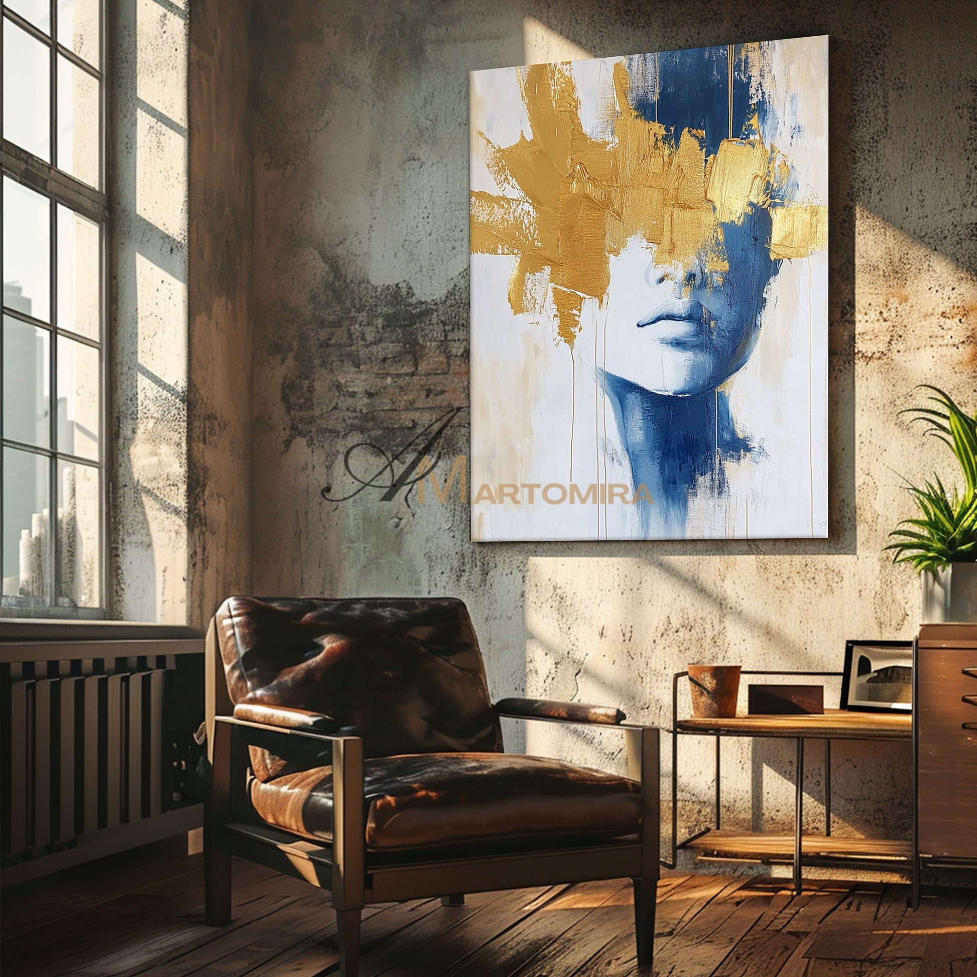 Wall Decor | Blue And Gold Wall Art | Abstract Painting Woman | Art Portraits #AP050