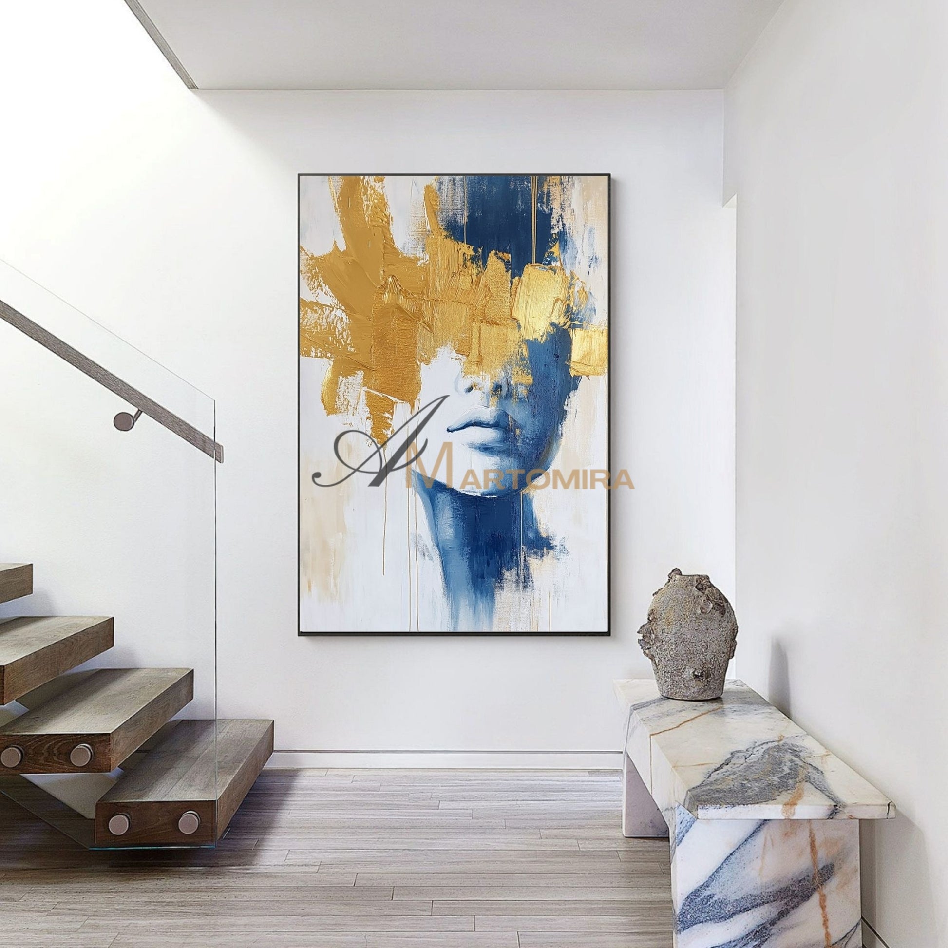 Wall Decor | Blue And Gold Wall Art | Abstract Painting Woman | Art Portraits #AP050