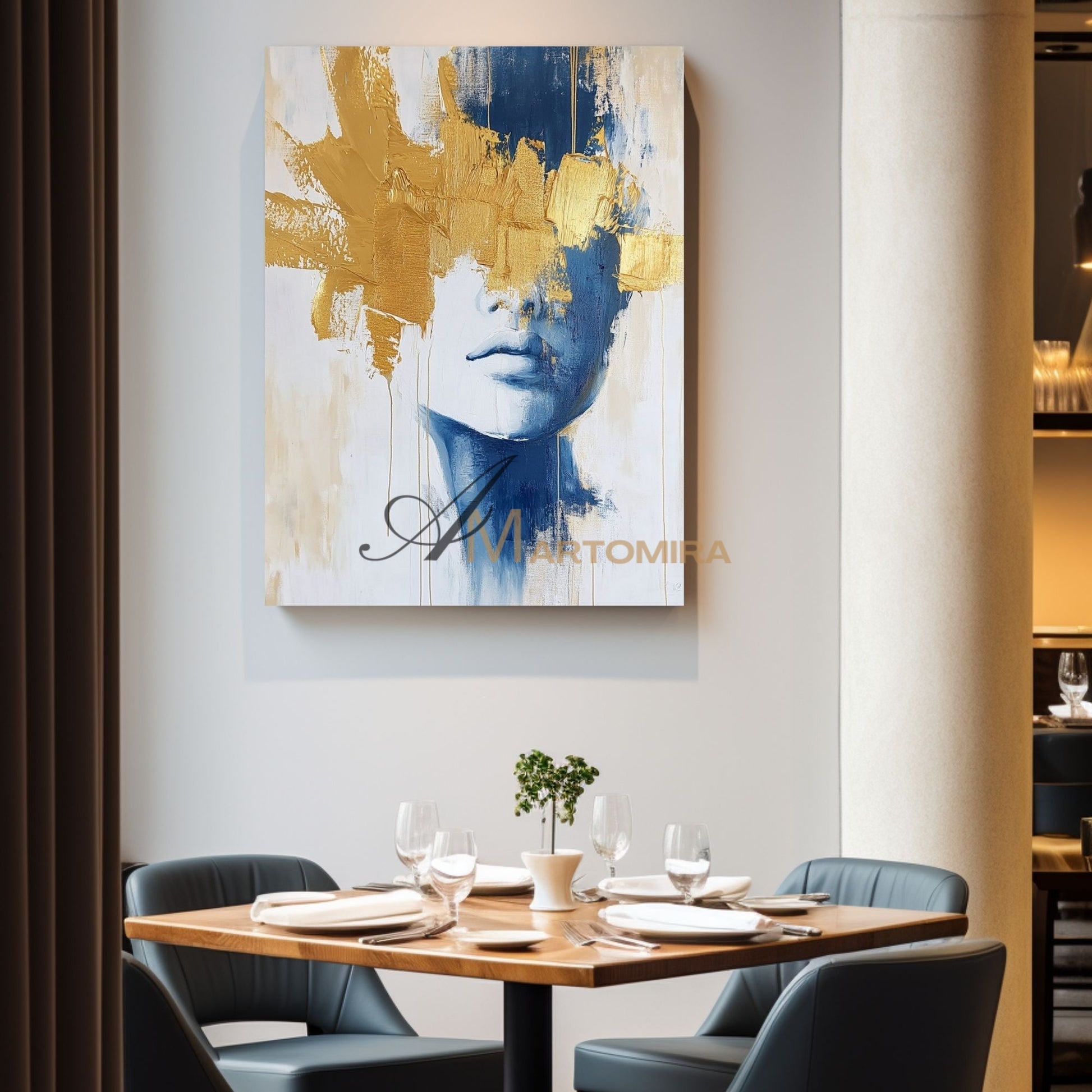 Wall Decor | Blue And Gold Wall Art | Abstract Painting Woman | Art Portraits #AP050