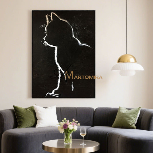 Black Cat Painting | Animal Wall Art | Cat Canvas Wall Art | Black And White Wall Art #MF060