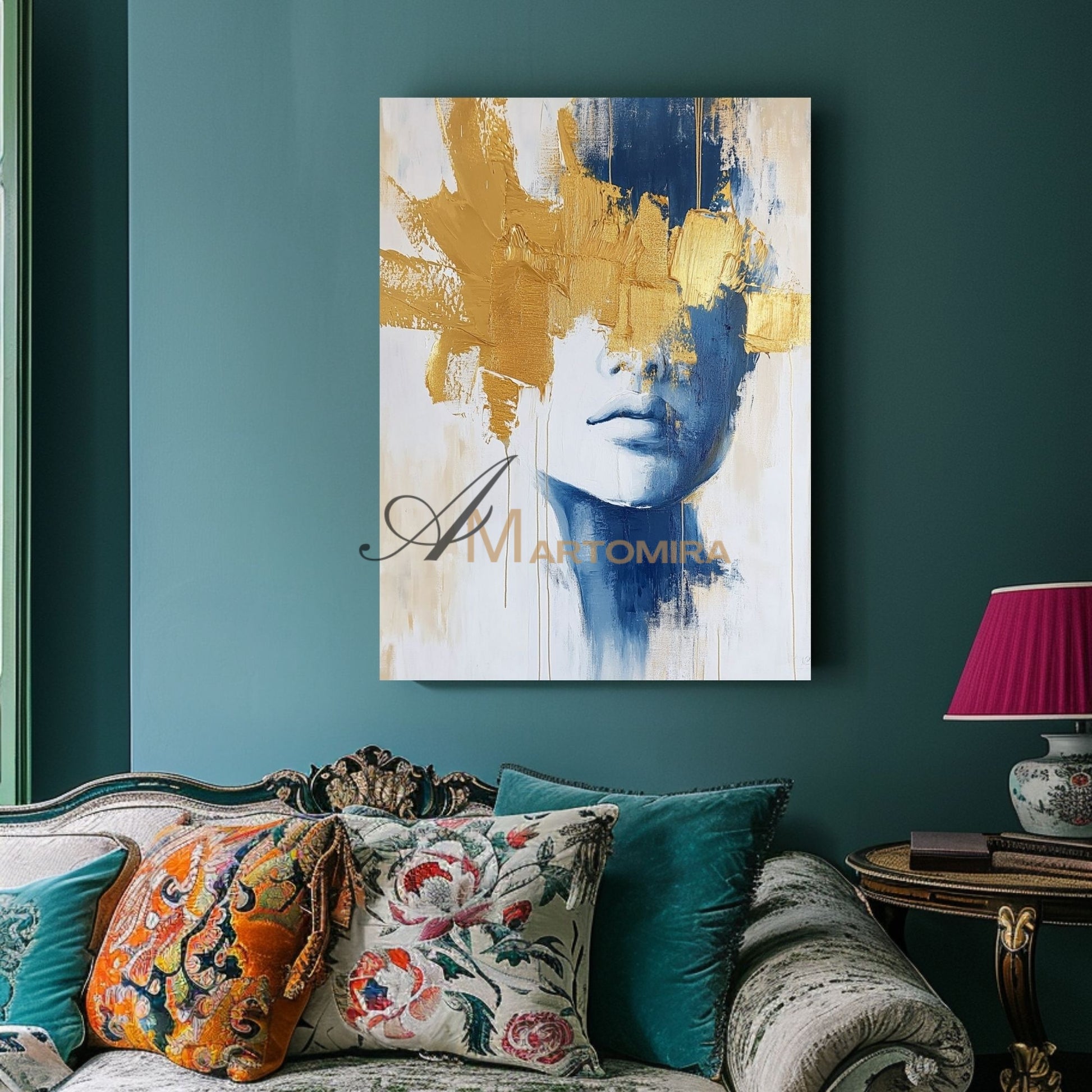 Wall Decor | Blue And Gold Wall Art | Abstract Painting Woman | Art Portraits #AP050