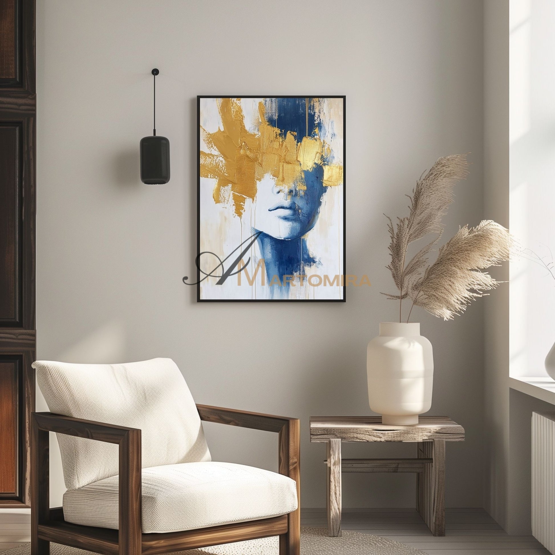 Wall Decor | Blue And Gold Wall Art | Abstract Painting Woman | Art Portraits #AP050
