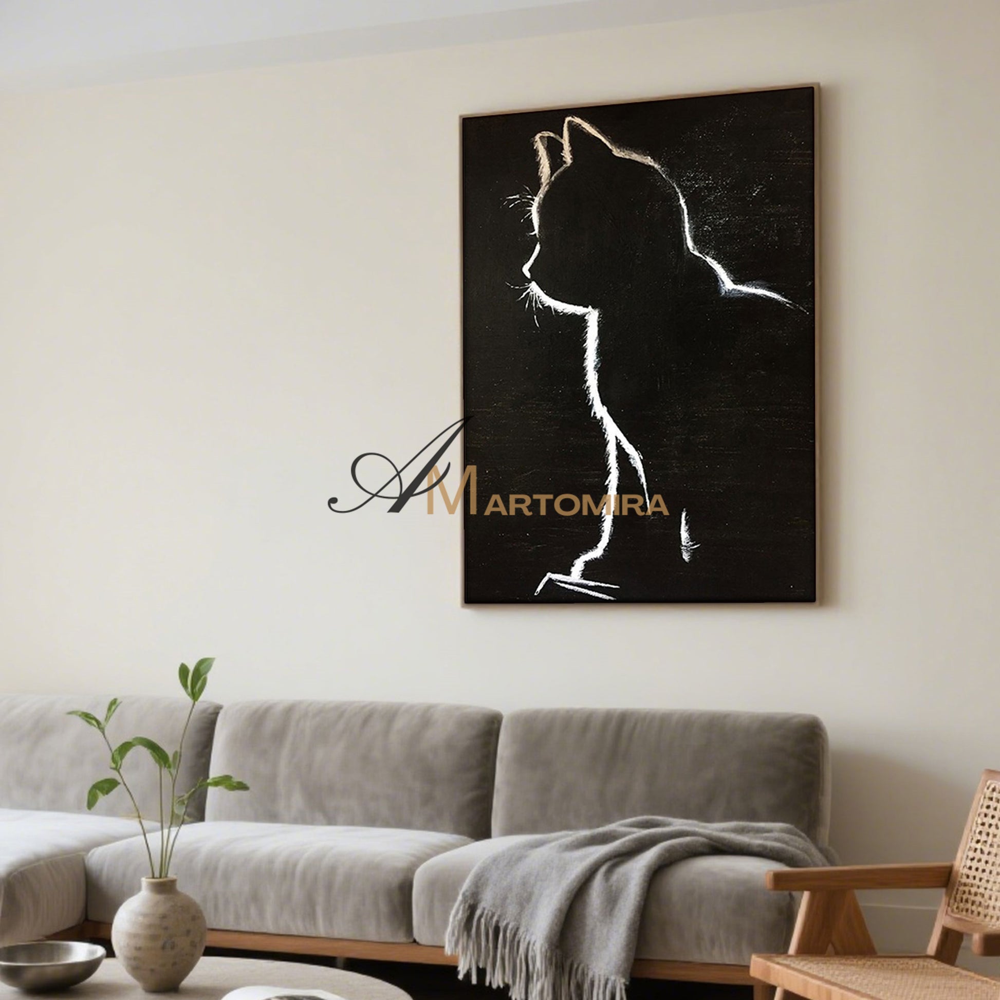Black Cat Painting | Animal Wall Art | Cat Canvas Wall Art | Black And White Wall Art #MF060