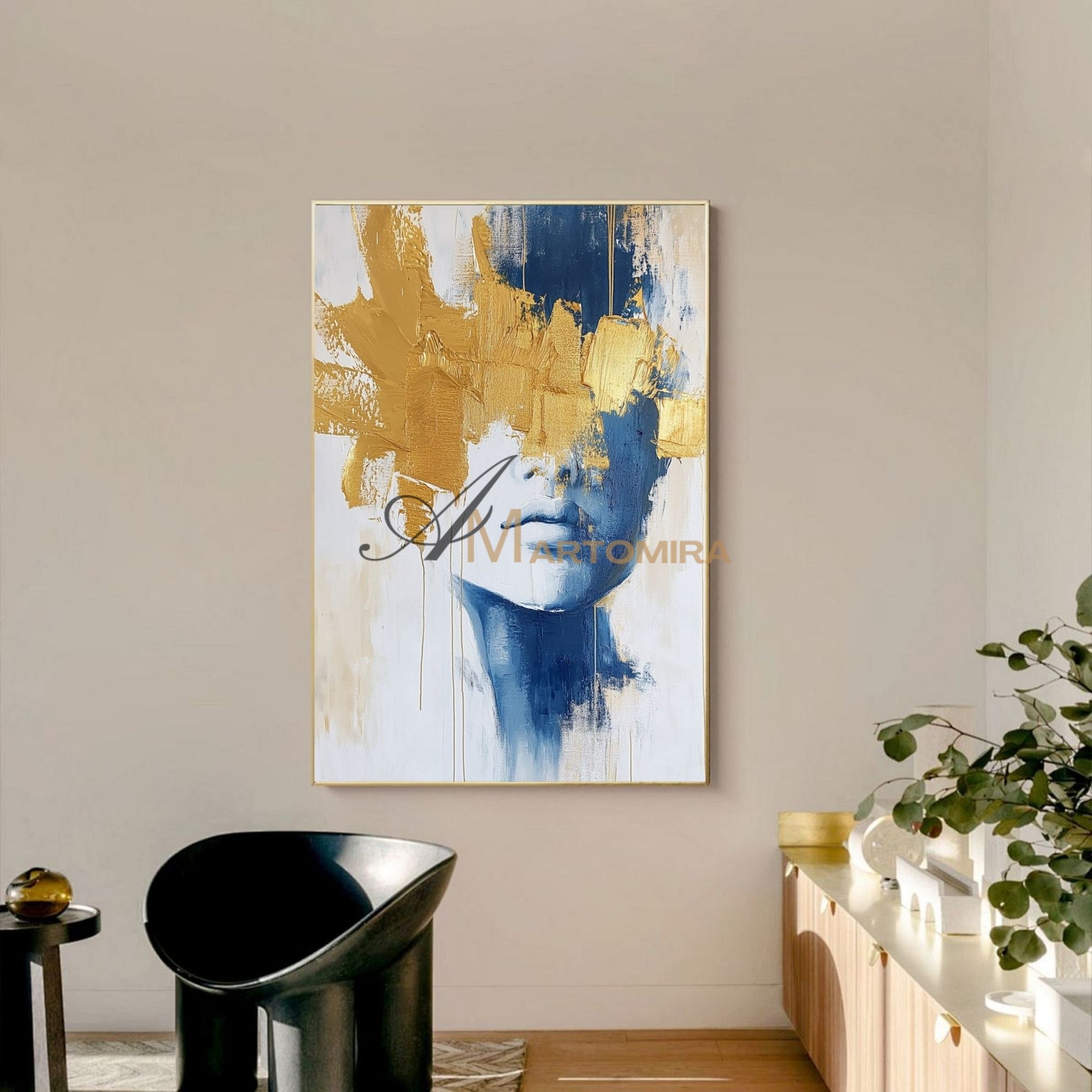Wall Decor | Blue And Gold Wall Art | Abstract Painting Woman | Art Portraits #AP050
