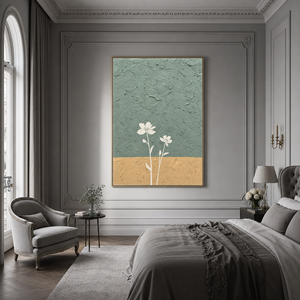 Minimalist Textured Vertical Wall Art Flower And Tree Sage Green Mustard Yellow White Plaster-style Dining Room Living Room