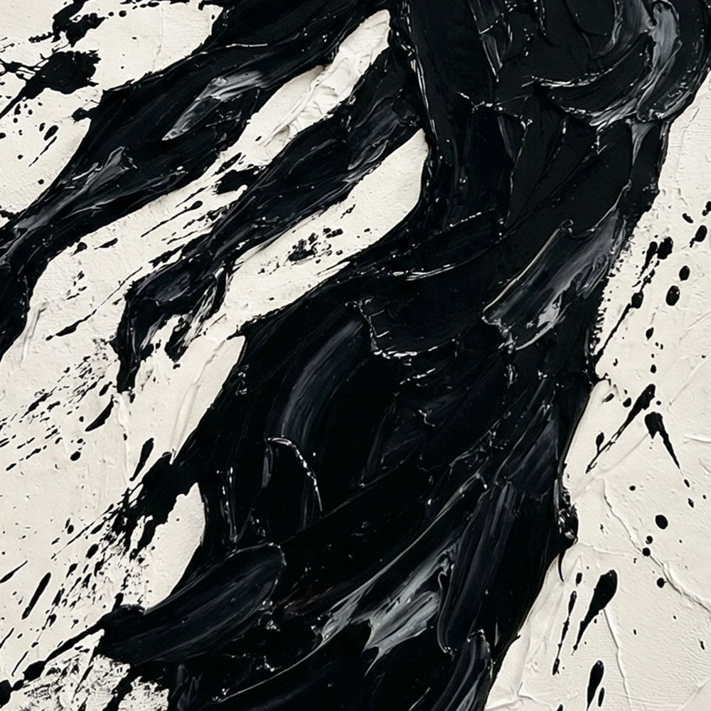 Black and White Textured Impasto Female Silhouette Portrait Canvas Wall Art, Bold Dynamic Black Paint Splatter & Thick Knife/Brush Strokes on Off White Background, High Contrast Modern Artwork for Home & Office Spaces