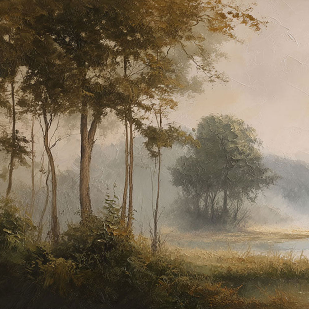 Vintage Misty Forest River Landscape Painting - Hand-Painted Canvas Art