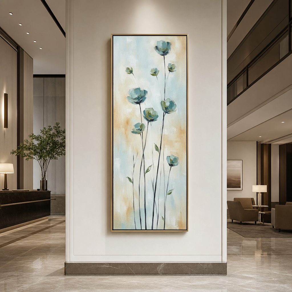 Abstract Floral Canvas Wall Art Soft Blue Beige Brown White Vertical Long Panel Botanical Painting Framed Minimalist Decor For Living Room Bedroom Dining Room Hallway Office
