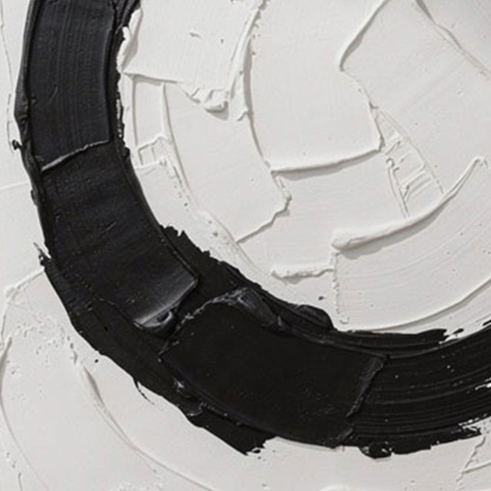 Minimalist Black and White Abstract Circular Impasto Wall Art, Bold Textured Brushstrokes Thick Paint Stacking Knife Marks Modern Geometric Line Decor for Contemporary Spaces