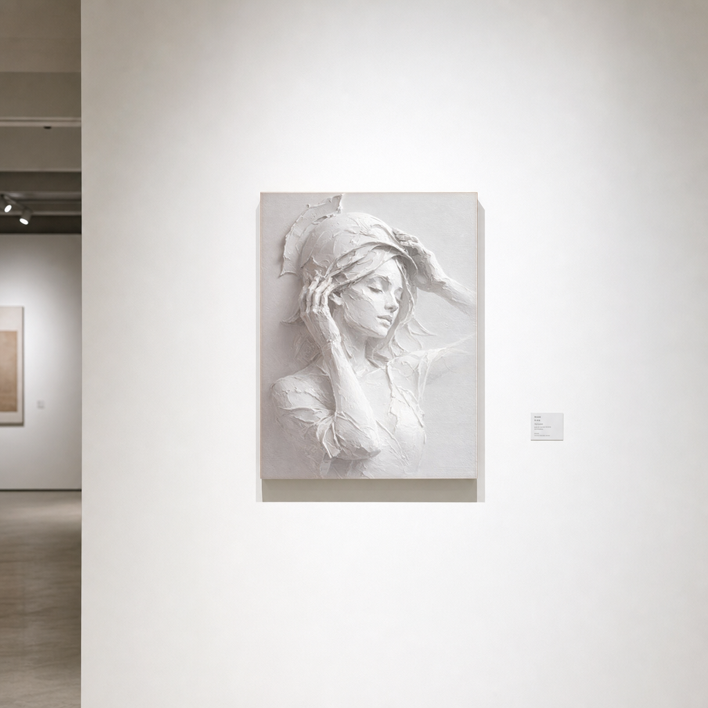 Portrait White Light Gray Textured Plaster 3D Relief Vertical Wall Art for Bedroom Living Room