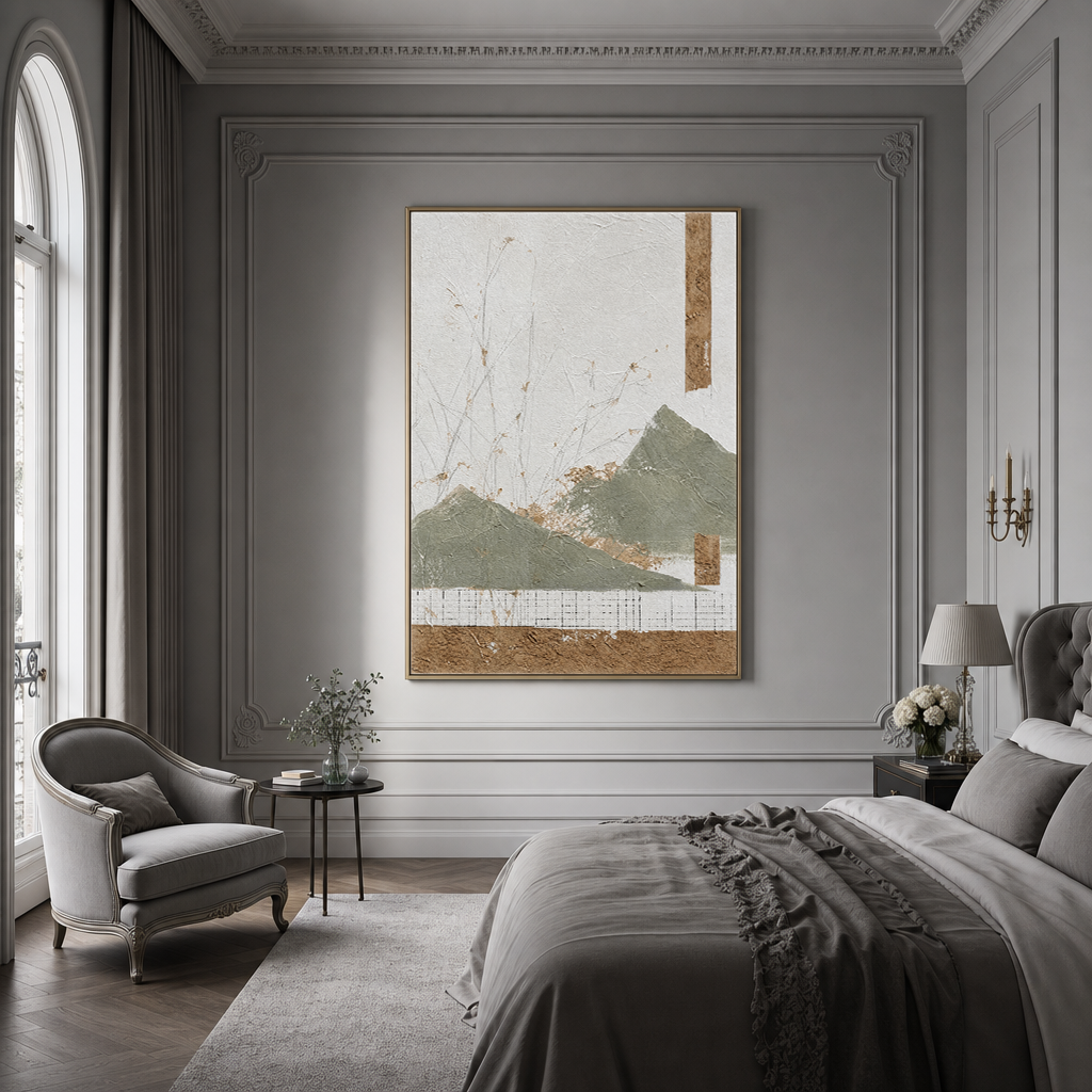 Landscape Sage Green, Earthy Brown, Off-White Abstract Textured Plaster-Style Vertical Wall Art for Dining Room or Living Room