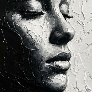 Black and White Impasto Textured Portrait Wall Art – Elegant Serene Woman's Profile with Thick Layered Knife Brushwork, High Contrast Minimalist Monochrome Design, Ideal for Modern Home and Office Decor