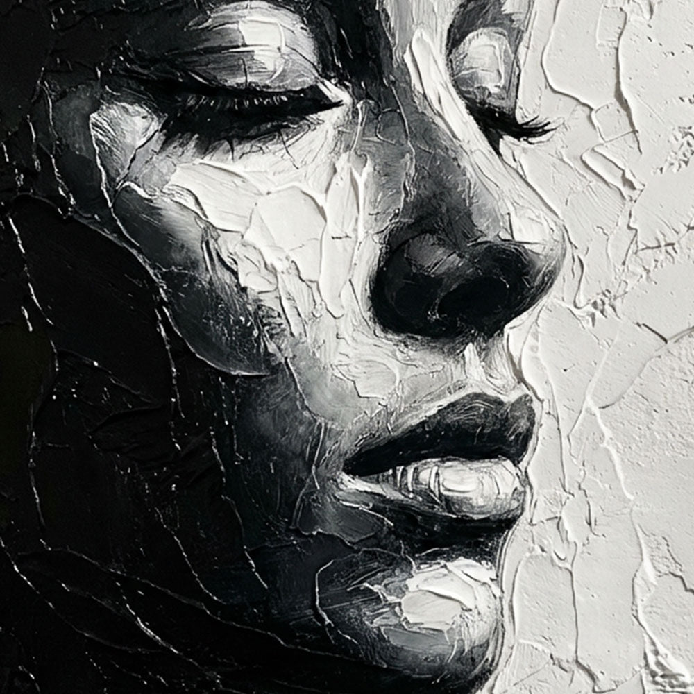 Black and White Impasto Textured Portrait Wall Art – Elegant Serene Woman's Profile with Thick Layered Knife Brushwork, High Contrast Minimalist Monochrome Design, Ideal for Modern Home and Office Decor