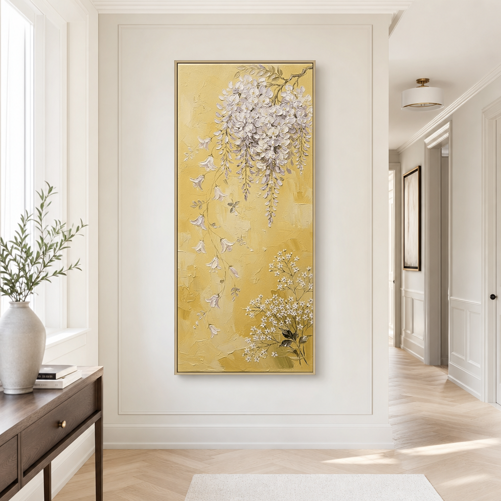 Elegant Vertical Wisteria and Baby's Breath Floral Wall Art, Soft Purple and White Cascading Blooms on Warm Yellow Background, Thick Impasto Textured Painting for Modern Home Decor Living Room Bedroom Office Dining Room Hallway