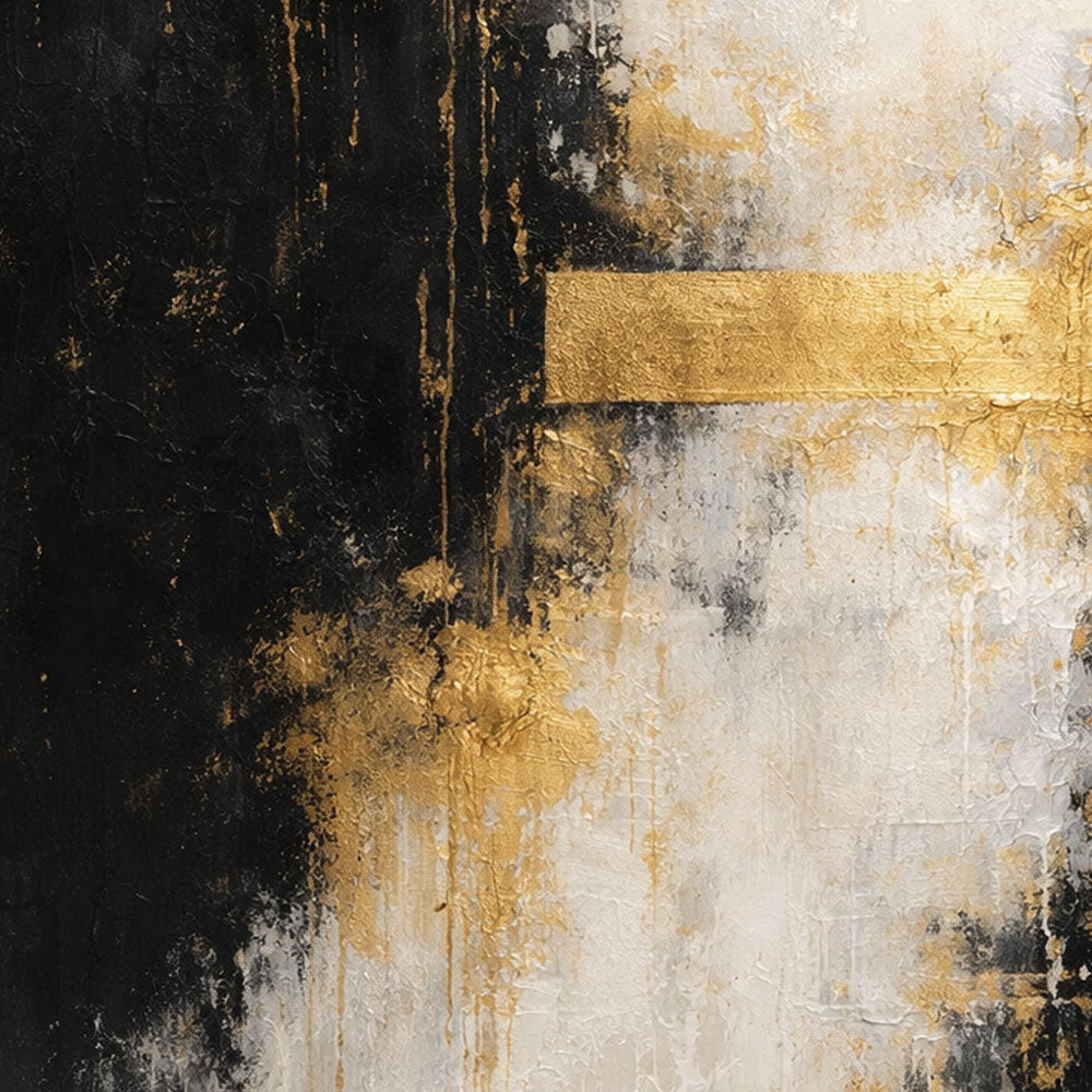 Bold Black Gold White Abstract Textured Wall Art – Modern Vertical Canvas Decor with Impasto Knife Brushwork, Contrast Metallic Lines for Contemporary Living Room Bedroom Office Dining Hallway
