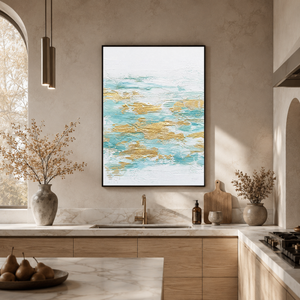 Abstract Turquoise White Gold Textured Contemporary Vertical Wall Art for Living Room