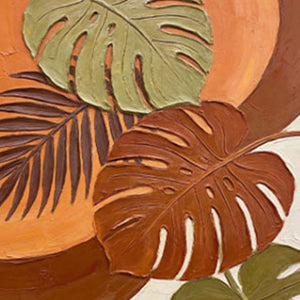 Vibrant Tropical Monstera Palm Leaf Wall Art with Warm Orange Brown Beige Green Tones, Thick Textured Impasto Knife Marks, Modern Botanical Decor for Living Room Bedroom Office Dining Room Hallway
