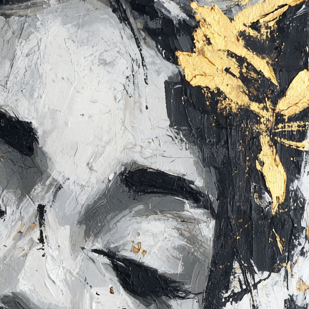 Black and White Gold Accent Textured Portrait Woman with Floral Crown Impasto Canvas Wall Art for Modern Living Room Bedroom Office Dining Hallway Decor