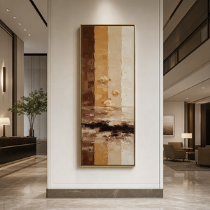 Vertical Earth Tones Impasto Abstract adorning a pillar in an elegant hotel lobby