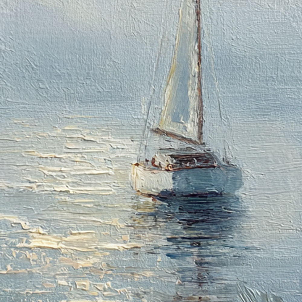 Serene Sailboat at Dawn Coastal Framed Impasto Wall Art, Soft Blue White Beige Gold Nautical Ocean Landscape Painting, Textured Calm Sea Decor for Home Living Room Bedroom Office Dining Room Hallway
