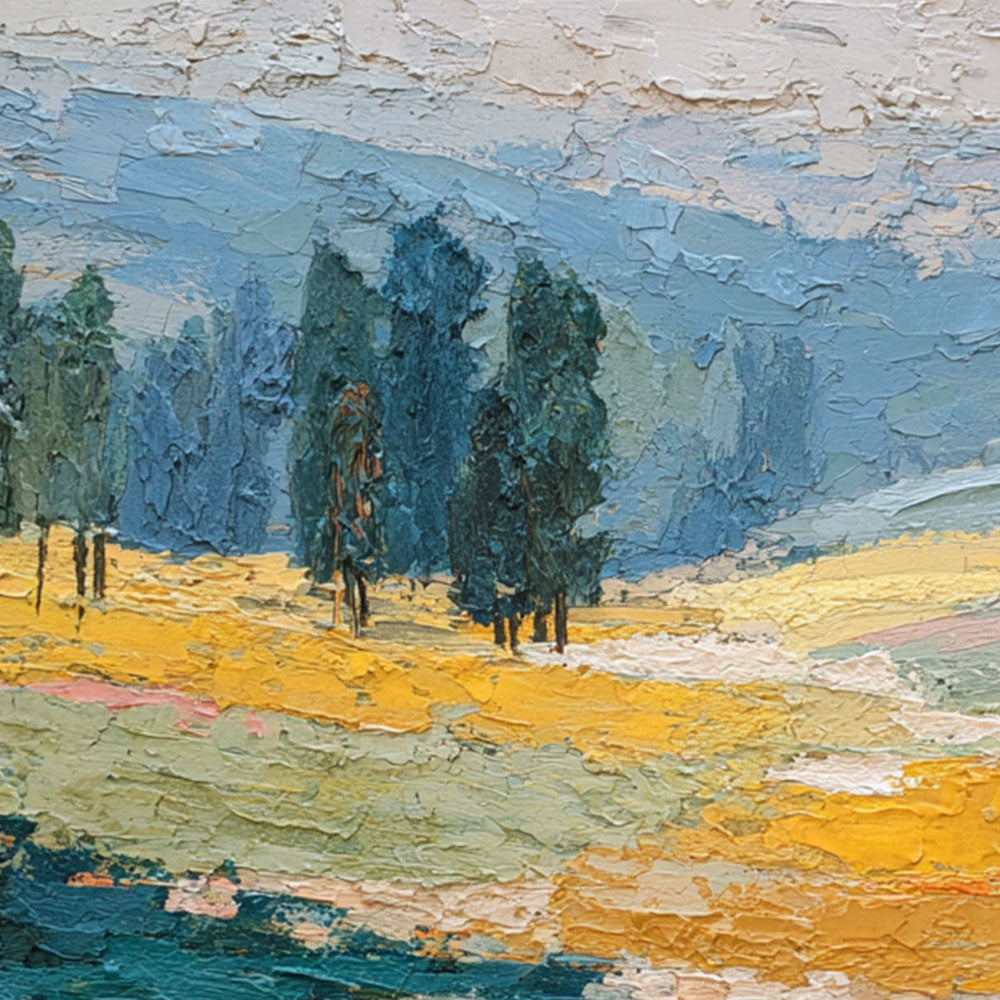 Thick Impasto Textured Landscape Wall Art – Warm Yellow Fields, Serene Blue Mountains & Water, Lush Green Trees, Soft Beige Sky – Elevate Modern Home Décor, Perfect for Living Room, Bedroom, Office, Dining Room, Hallway Ambiance