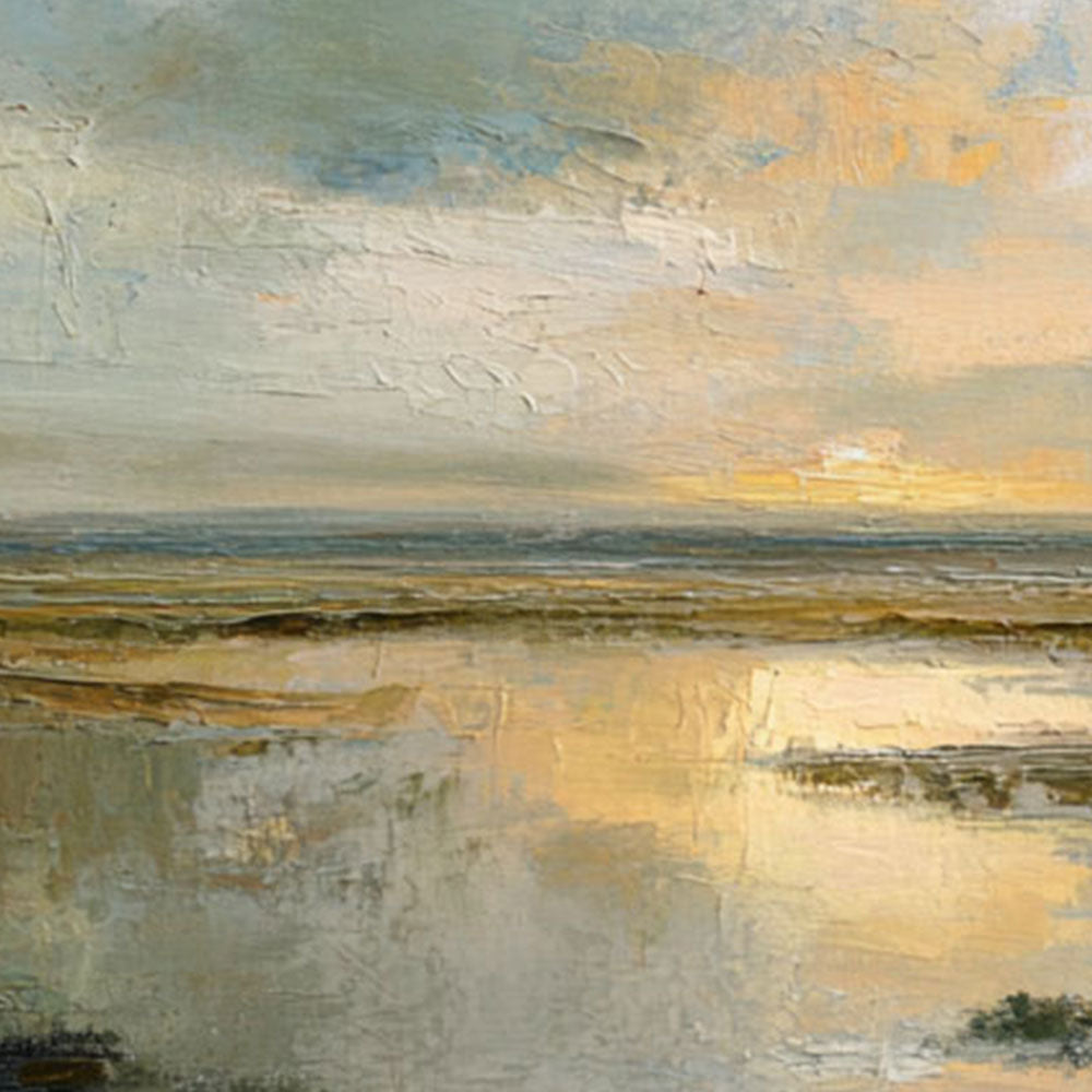 Tranquil Textured Impasto Marshland Sunset Wall Art, Abstract Coastal Wetland Nature Scene Decor, Muted Blue Grey Green Beige Gold Sky Water Painting Style for Modern Farmhouse Living Room Bedroom Dining Office