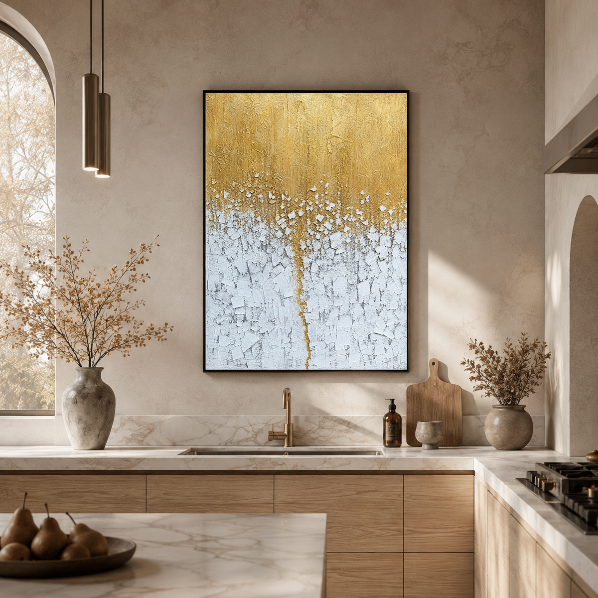 Gold And White Textured Abstract Vertical Wall Art For Living Room