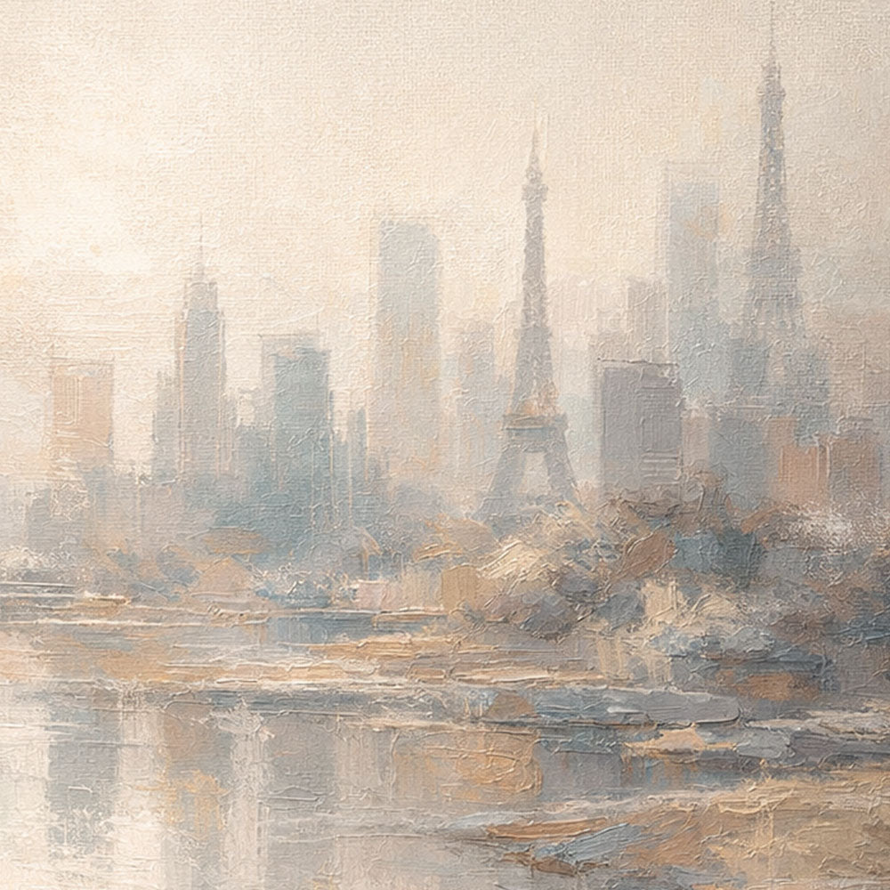 Soft Muted Vintage Textured Global Iconic City Skyline Wall Art, Framed Canvas Coastal & Urban Water Reflection Artwork with Neutral Blue, Beige, White & Brown Tones for Calm Home & Office Spaces Including Living Room, Bedroom, Dining Room, Hallway