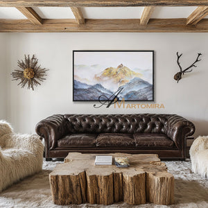 Abstract Landscape Art | Blue And Gold Wall Art | Mountains Painting | Paintings For Living Room #DF014