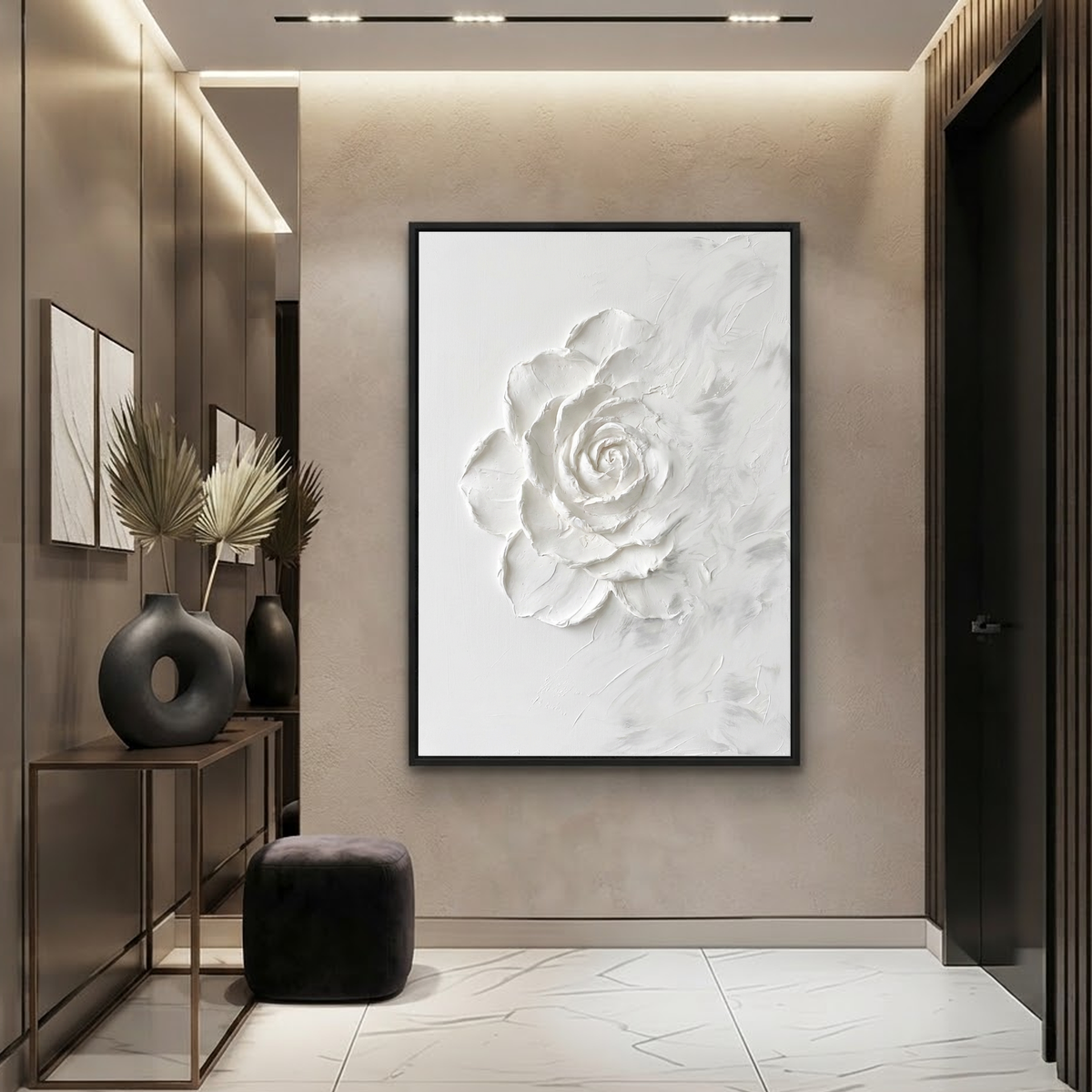 White Textured Flower Vertical Wall Art with Plaster-Style Texture for Living Room or Bedroom