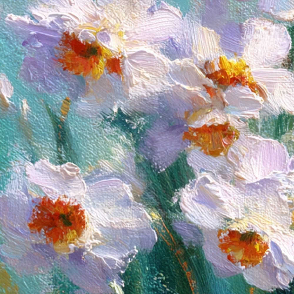 White Daffodils Flower Impasto Oil Painting on Canvas, Turquoise Blue Background Textured Floral Wall Art, Modern Living Room Bedroom Home Decor