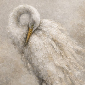 Vintage Muted White Egret Standing in Water Textured Wall Art Neutral Coastal Nature Animal Painting for Bedroom Living Room Dining Room Office Hallway