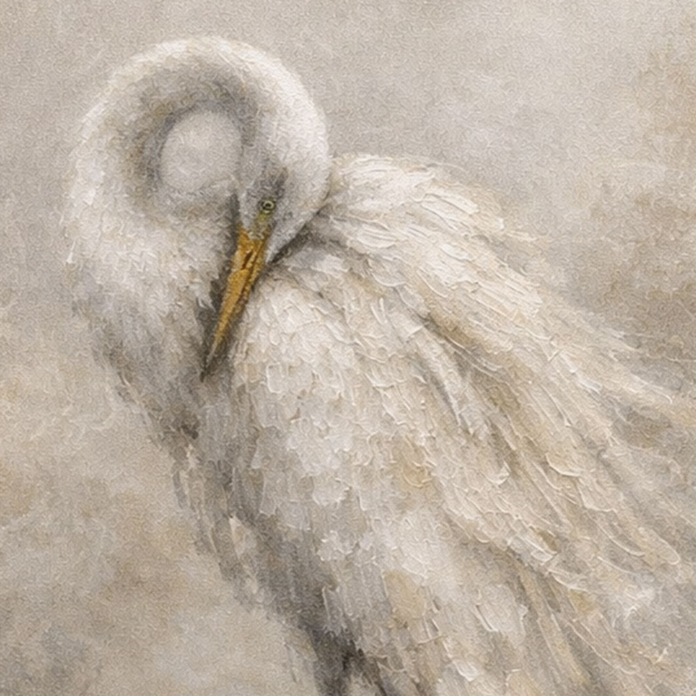 Vintage Muted White Egret Standing in Water Textured Wall Art Neutral Coastal Nature Animal Painting for Bedroom Living Room Dining Room Office Hallway