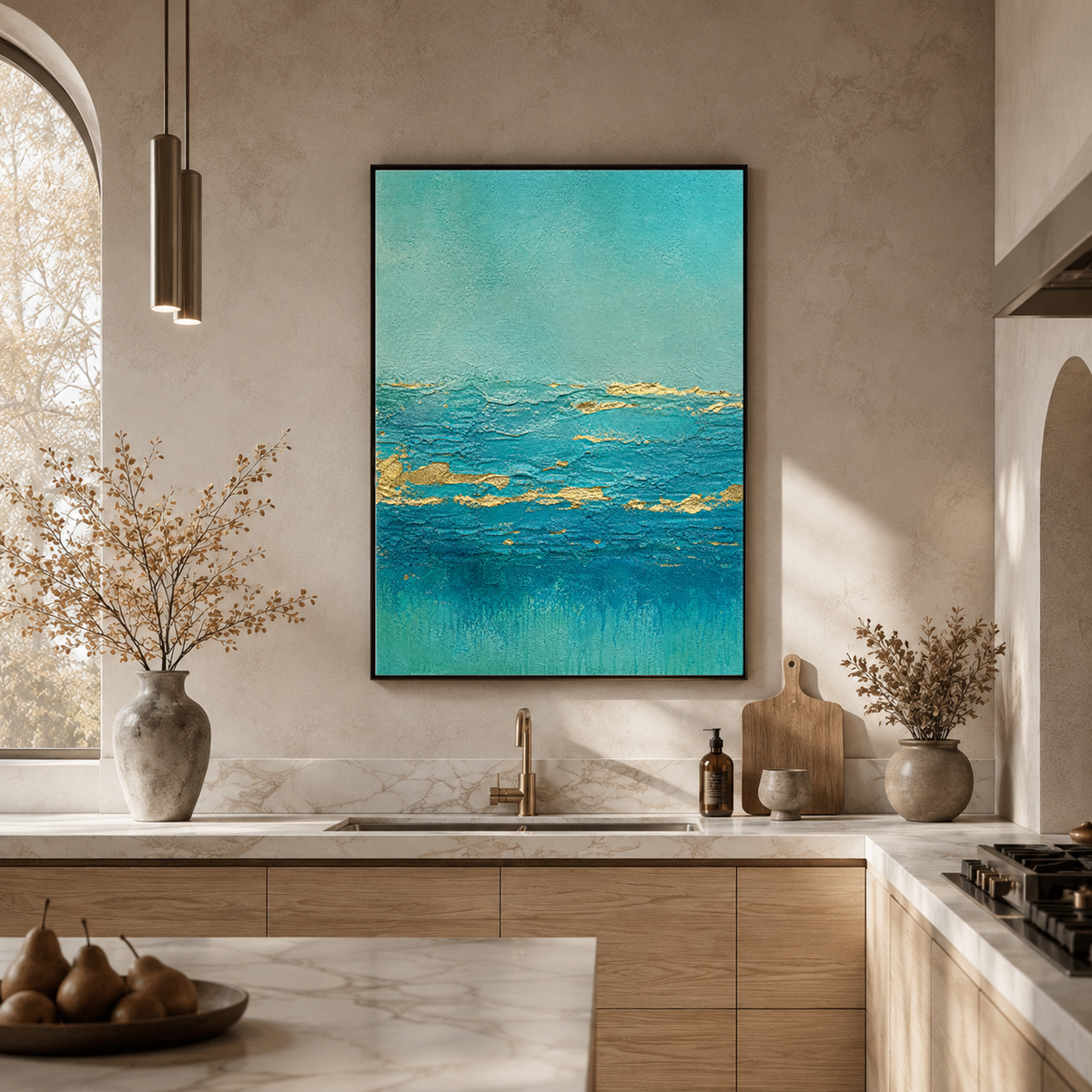 Teal Turquoise Gold Abstract Textured Acrylic Style Vertical Wall Art for Living Room