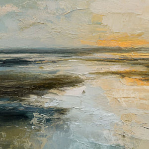 Abstract Textured Ocean and Sky Coastal Sunset Landscape Impasto Framed Canvas Wall Art – Soft Blue Beige Brown Yellow Hues for Contemporary Home Office Decor