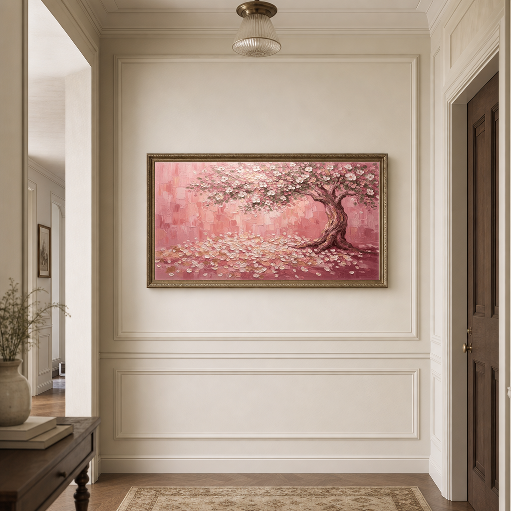Pink Blossom Tree Impasto Art hanging in a classic hallway entrance