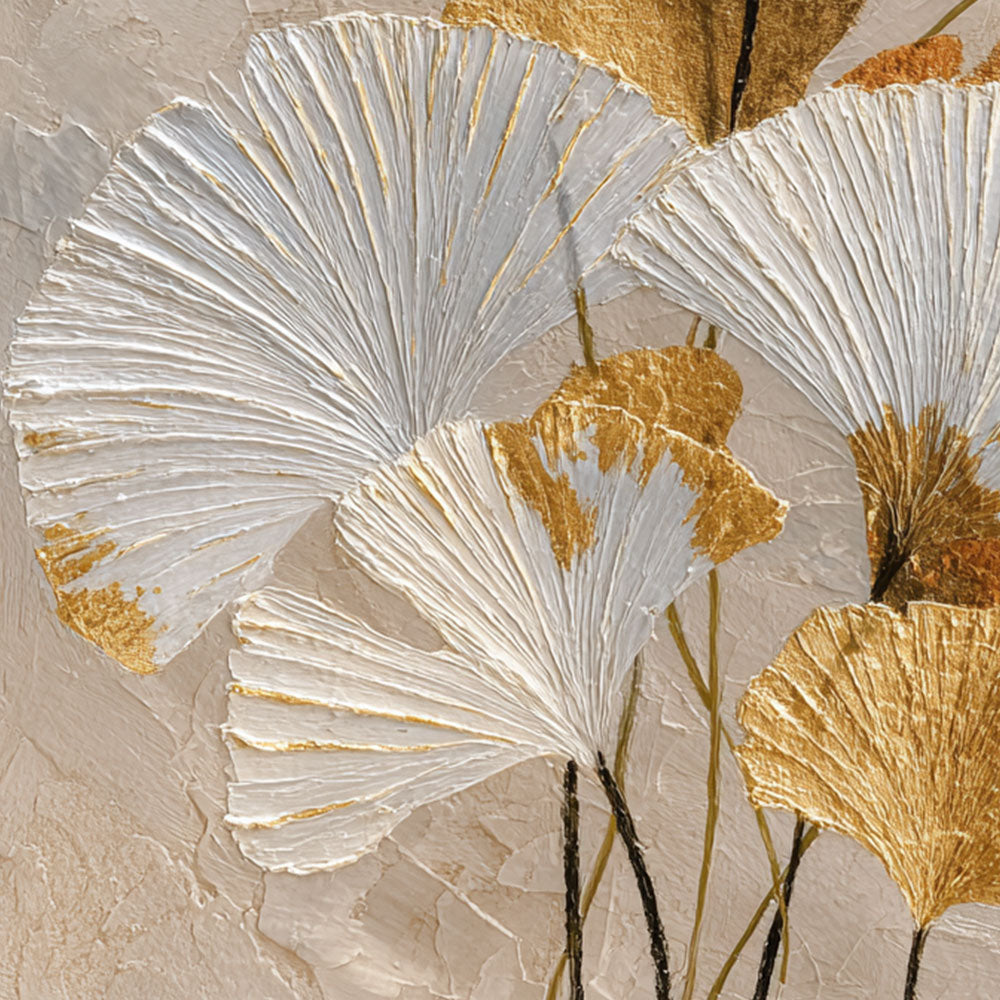 Elegant Textured Gold and White Ginkgo Leaves Floral Wall Art for Modern Home Decor, Botanical Print with Thick Impasto Paint Texture, Beige Background Wall Hanging for Living Room Bedroom Dining Room Office Hallway