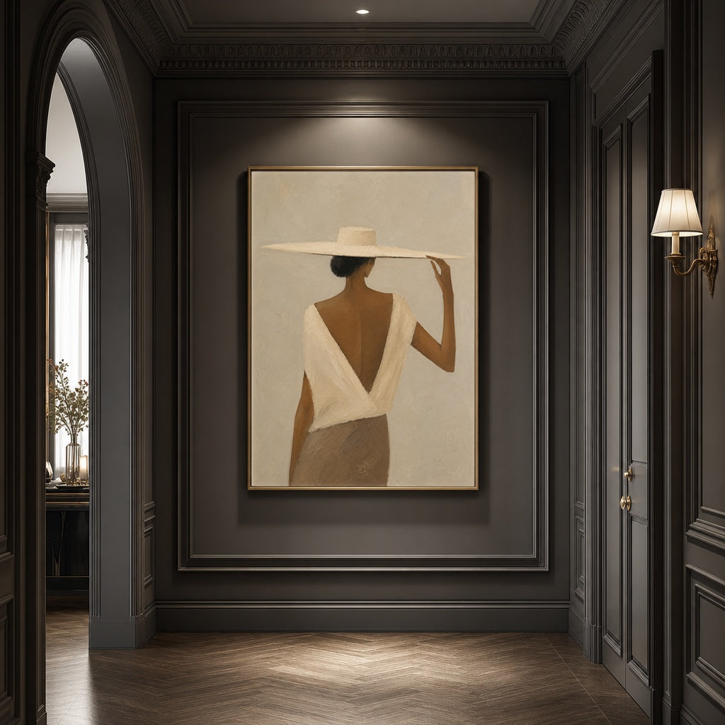 Elegant Silhouette of Woman with Wide-Brimmed Hat in a sophisticated dark hallway