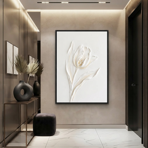 White and Subtle Beige Minimalist Plaster-style Textured Flower Vertical Wall Art for Living Room Bedroom