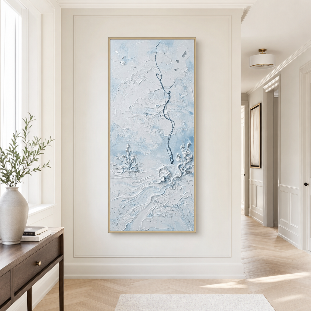 Minimalist Light Blue White Abstract Textured Ocean-inspired Framed Wall Art for Modern Living Room Bedroom Dining Room Hallway Office