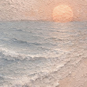 Textured Ocean Sunset Coastal Wall Art, Thick Impasto Painting for Modern Home Decor, Calm Beach Landscape with Beige Sand Blue Ocean White Waves and Soft Orange Sun, Warm Minimalist Coastal Artwork