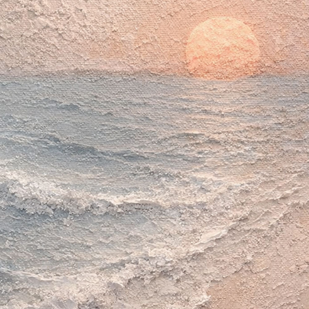 Textured Ocean Sunset Coastal Wall Art, Thick Impasto Painting for Modern Home Decor, Calm Beach Landscape with Beige Sand Blue Ocean White Waves and Soft Orange Sun, Warm Minimalist Coastal Artwork