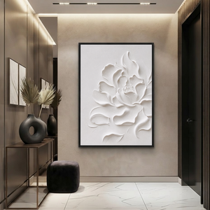 White Flower Textured Abstract 3D Relief Vertical Wall Art for Living Room Bedroom