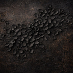 Dark Aesthetic 3D Textured Floral Relief Wall Art with Black Overlapping Petal Sculptures and Aged Worn Brown Earthy Base, Moody Monochrome Botanical Decor for Minimalist Modern Industrial Living Space